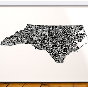 North Carolina map art, North Carolina map print, North Carolina art print, Print of my original hand-inked North Carolina typography art