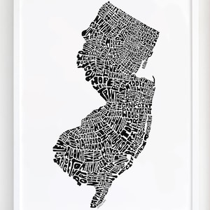 New Jersey map art, New Jersey map print, New Jersey art print, Print of my original hand-inked New Jersey typography illustration