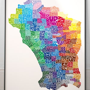 Los Angeles neighborhood map art print, Signed print of my original hand drawn Los Angeles typography map art