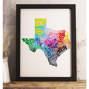 Texas art print FRAMED, Texas map art, available in several colors and sizes, Texas decor, Texas wall art Rainbow