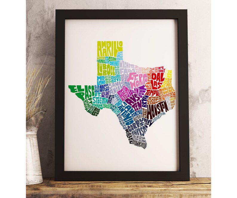 Texas art print FRAMED, Texas map art, available in several colors and sizes, Texas decor, Texas wall art Rainbow