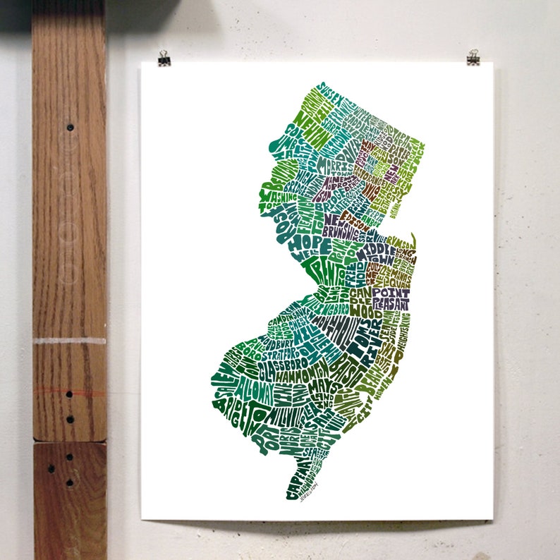 New Jersey map art, New Jersey art print, signed print of my original hand drawn New Jersey map art Green Tones