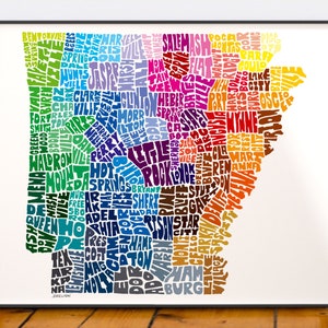 Arkansas map art, Arkansas map print, Arkansas art print, Print of my original hand-inked Arkansas typography illustration Rainbow (pic 3)