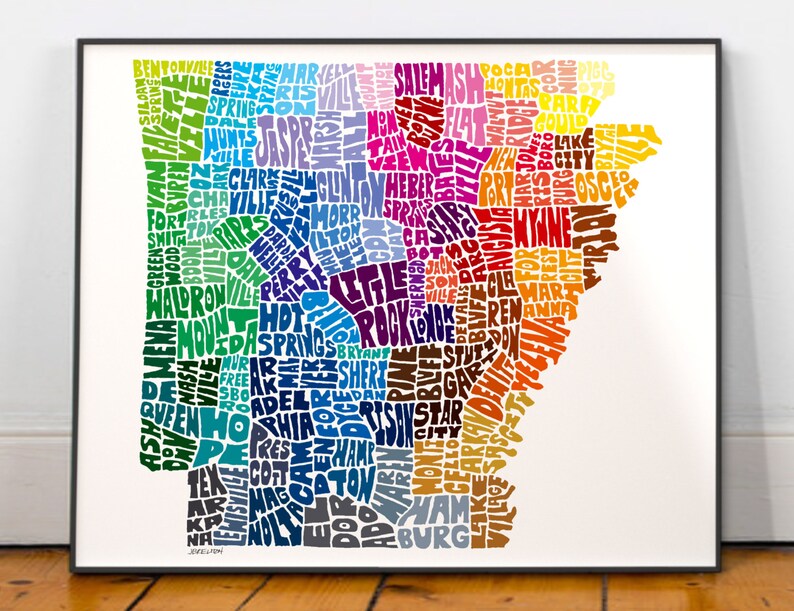 Arkansas map art, Arkansas map print, Arkansas art print, Print of my original hand-inked Arkansas typography illustration Rainbow (pic 3)