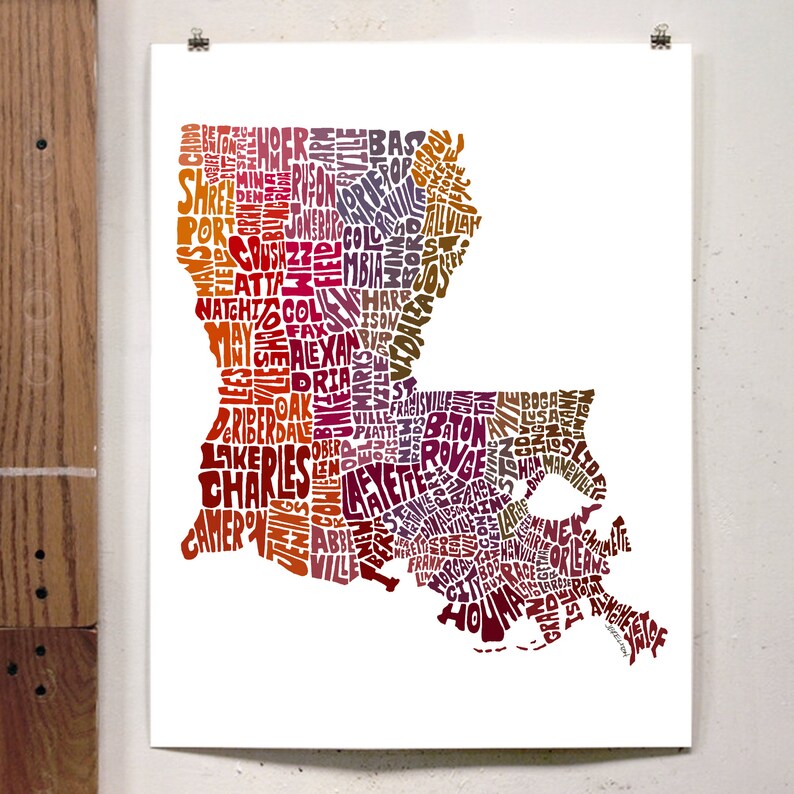 Louisiana map art, Louisiana art print, signed print of my original hand drawn Louisiana map art Red Tones