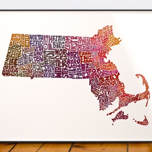 Massachusetts map art, Massachusetts art print, signed print of my original hand drawn Massachusetts map art Red Tones (pic 5)