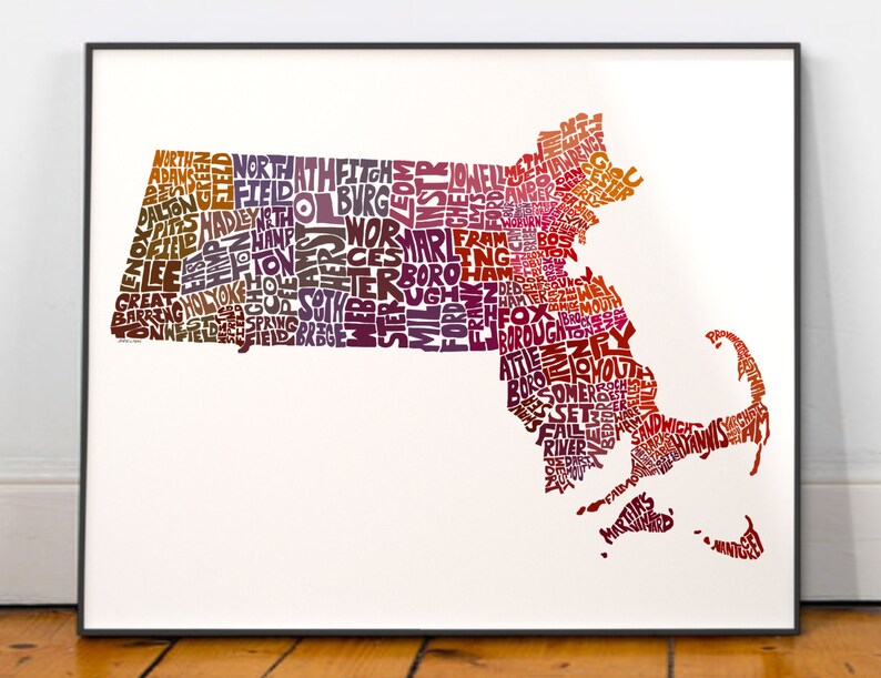 Massachusetts map art, Massachusetts art print, signed print of my original hand drawn Massachusetts map art Red Tones (pic 5)