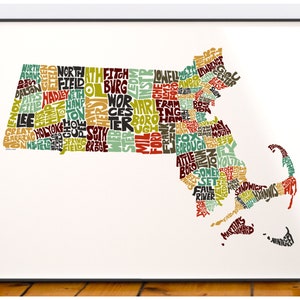 Massachusetts map art, Massachusetts art print, signed print of my original hand drawn Massachusetts map art