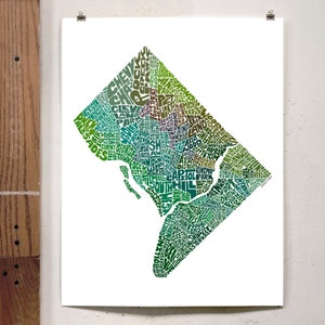 Washington DC neighborhood map print, Signed print of my original hand drawn Washington DC typography map art Green Tones