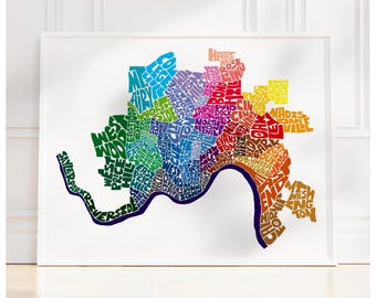 Cincinnati neighborhood map art print, Signed print of my original hand drawn Cincinnati typography map art
