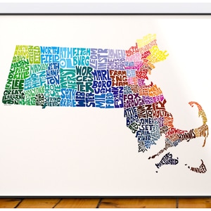 Massachusetts map art, Massachusetts art print, signed print of my original hand drawn Massachusetts map art