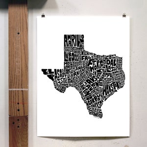 Texas map art, Texas art print, signed print of my original hand drawn Texas map art Black & White