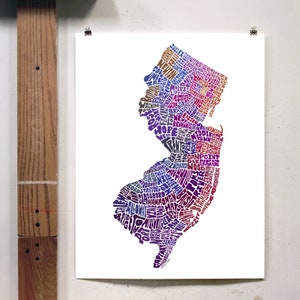 New Jersey map art, New Jersey art print, signed print of my original hand drawn New Jersey map art Purple Tones