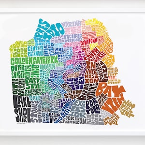 San Francisco neighborhood map art print, Signed print of my original hand drawn San Francisco typography map art