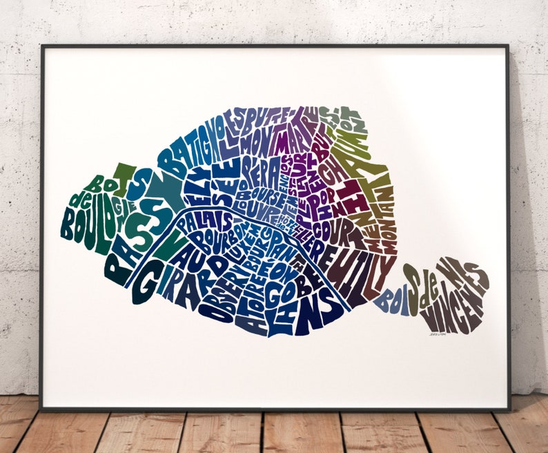 Paris art print signed print of my original hand drawn Paris typography map art Paris map art