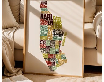 Framed Manhattan neighborhood art print, You choose print color/size/frame color, Manhattan map art, Framed Manhattan poster, Manhattan gift