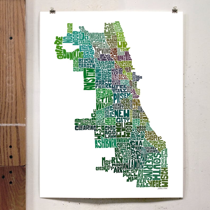 Chicago neighborhood map art print, Signed print of my original hand drawn Chicago typography map art Green Tones