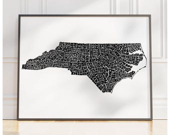 North Carolina map art, North Carolina art print, print of my original hand drawn North Carolina typography, multiple colors available