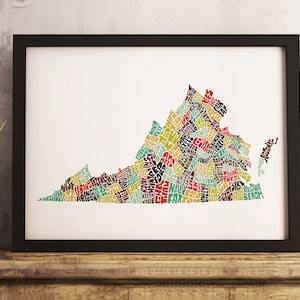 Virginia art print FRAMED, Virginia map art, available in several colors and sizes, Virginia decor, Virginia wall art