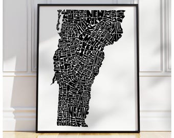 Vermont map art, Vermont art print, print of my original hand drawn Vermont typography, Vermont decor, multiple colors available