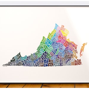 Virginia map art, Virginia art print, signed print of my original hand drawn Virginia map art