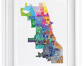Chicago neighborhood map art print, Signed print of my original hand-drawn Chicago typography map art, many colors available