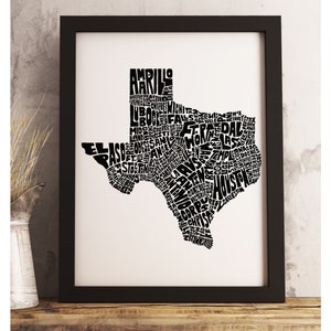 Texas art print FRAMED, Texas map art, available in several colors and sizes, Texas decor, Texas wall art Black and White