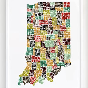 Indiana map art, Indiana art print, signed print of my original hand drawn Indiana map art