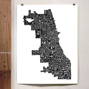 Chicago neighborhood map art print, Signed print of my original hand drawn Chicago typography map art Black & White
