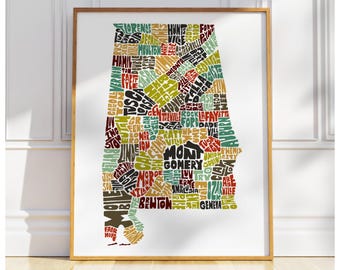 Alabama map art, Alabama art print, signed print of my original hand drawn Alabama typography art