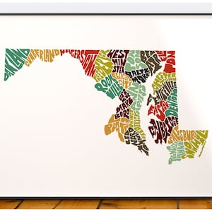 Maryland map art, Maryland art print, signed print of my original hand drawn Maryland map art