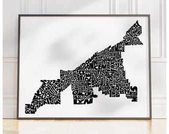Cleveland neighborhood map print, Cleveland art print, signed print of my hand-drawn Cleveland typography art, many colors available