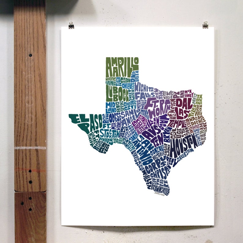 Texas map art, Texas art print, signed print of my original hand drawn Texas map art Blue Tones