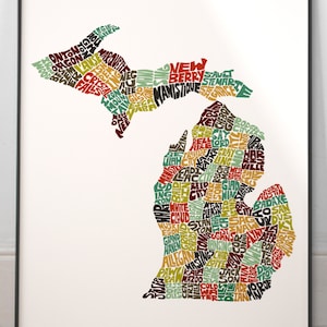 Michigan map art, Michigan art print, signed print of my original hand drawn Michigan map art