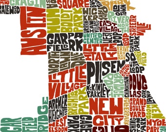 Chicago Neighborhood Map Art Print, Signed Print of my Original Hand-drawn Chicago Typography Map Art