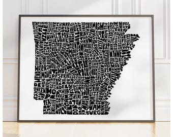 Arkansas map art, Arkansas art print, print of my original hand drawn Arkansas typography, Arkansas decor, multiple colors available