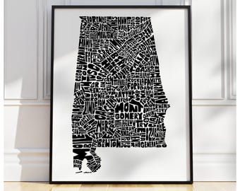 Alabama map art, Alabama art print, print of my original hand drawn Alabama typography, Alabama decor, multiple colors available