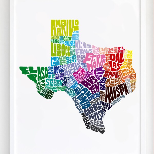 Texas map art, Texas art print, signed print of my original hand drawn Texas map art