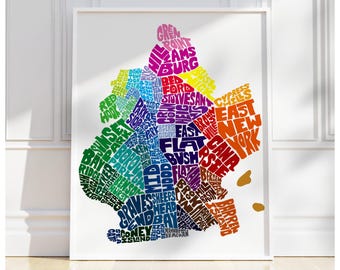 Brooklyn neighborhood map art print, Signed print of my original hand drawn Brooklyn typography map art