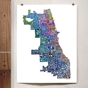 Chicago neighborhood map art print, Signed print of my original hand drawn Chicago typography map art Blue Tones