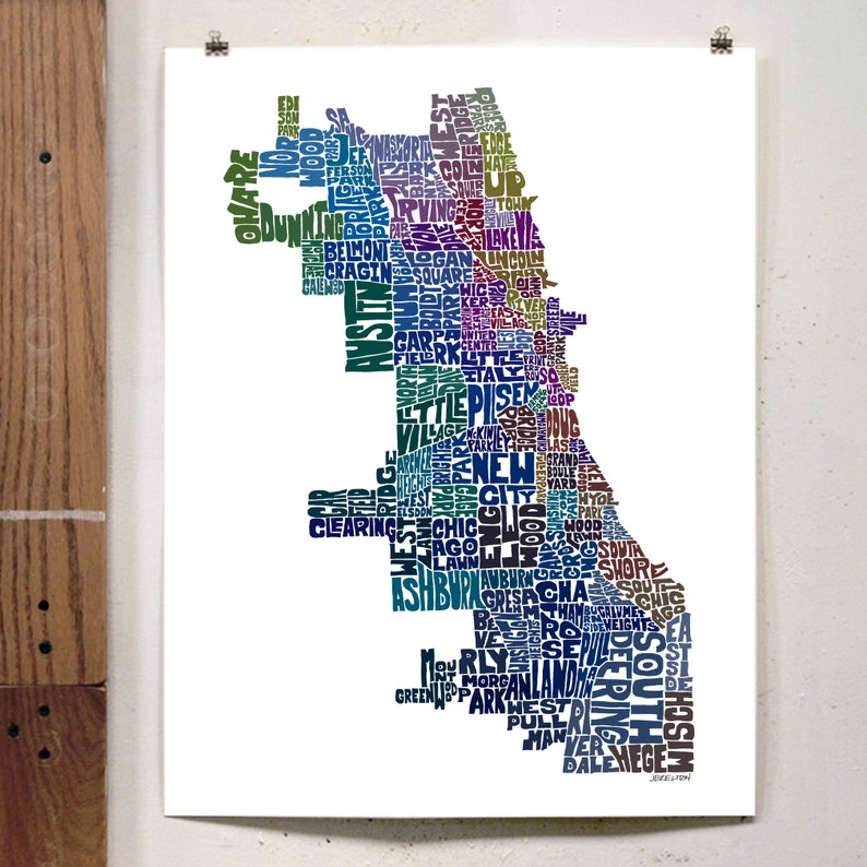 Chicago neighborhood map art print, Signed print of my original hand drawn Chicago typography map art Blue Tones