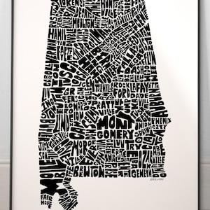 Alabama map art, Alabama map print, Alabama art print, Print of my original hand-inked Alabama typography illustration