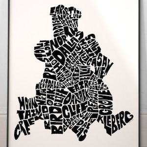 Dallas neighborhoods map art, Dallas map print, Dallas art print, Print of my original hand-inked Dallas typography illustration