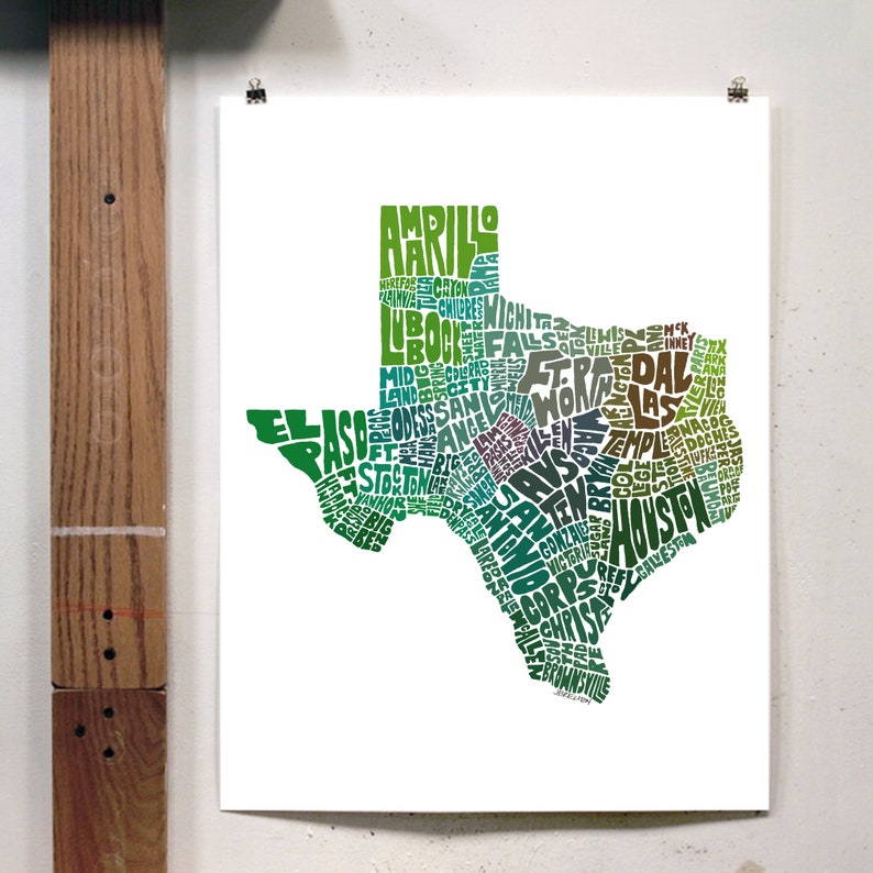 Texas map art, Texas art print, signed print of my original hand drawn Texas map art Green Tones