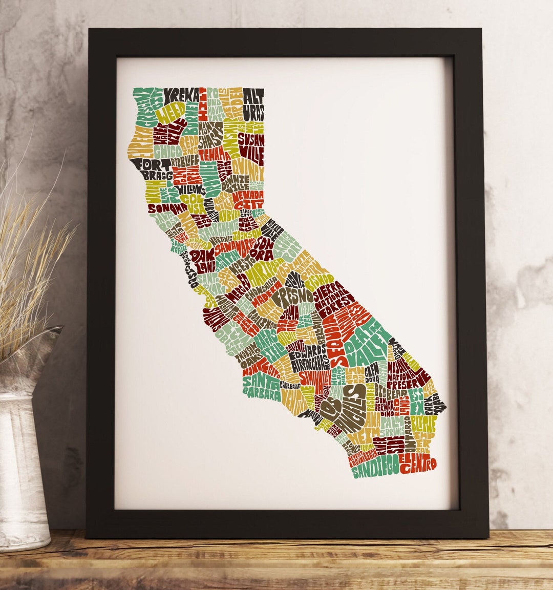 Framed California Art Print, California Map Art, Available in Several