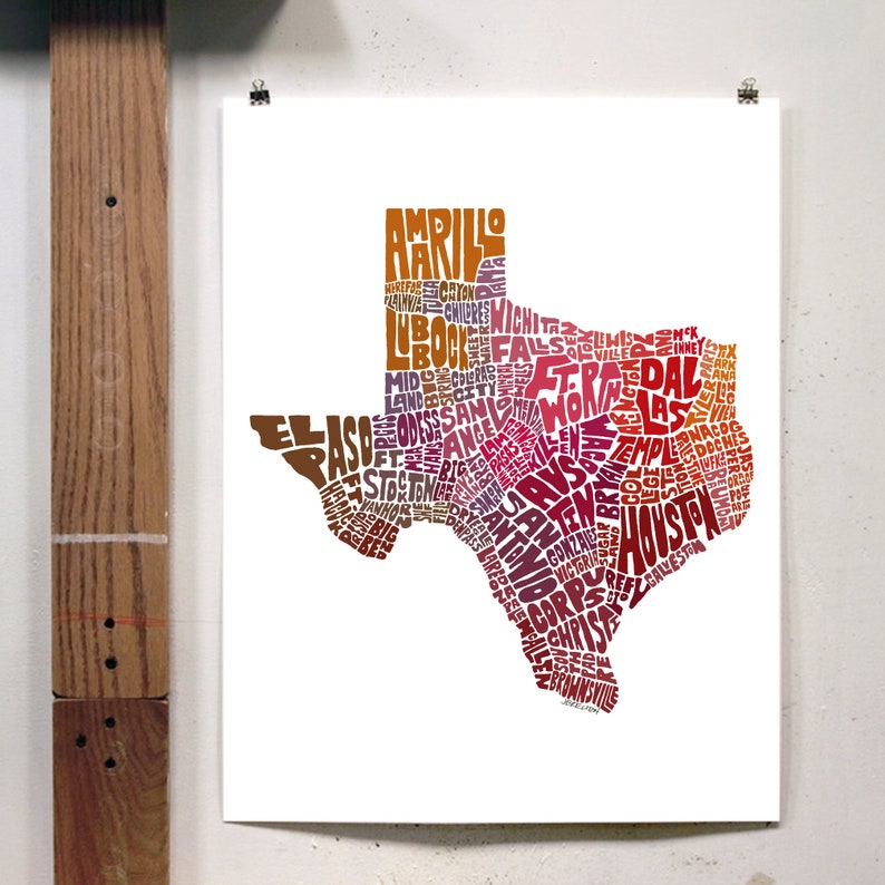 Texas map art, Texas art print, signed print of my original hand drawn Texas map art Red Tones