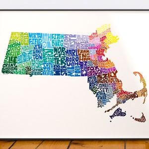 Massachusetts map art, Massachusetts art print, signed print of my original hand drawn Massachusetts map art Rainbow (pic 2)