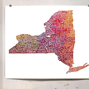 New York map art, New York art print, print of my original hand drawn New York typography art, New York gift, multiple colors available Red Tones