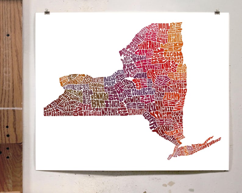 New York map art, New York art print, print of my original hand drawn New York typography art, New York gift, multiple colors available Red Tones