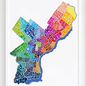 Philadelphia neighborhood map art print, Signed print of my original hand drawn Philadelphia typography map art